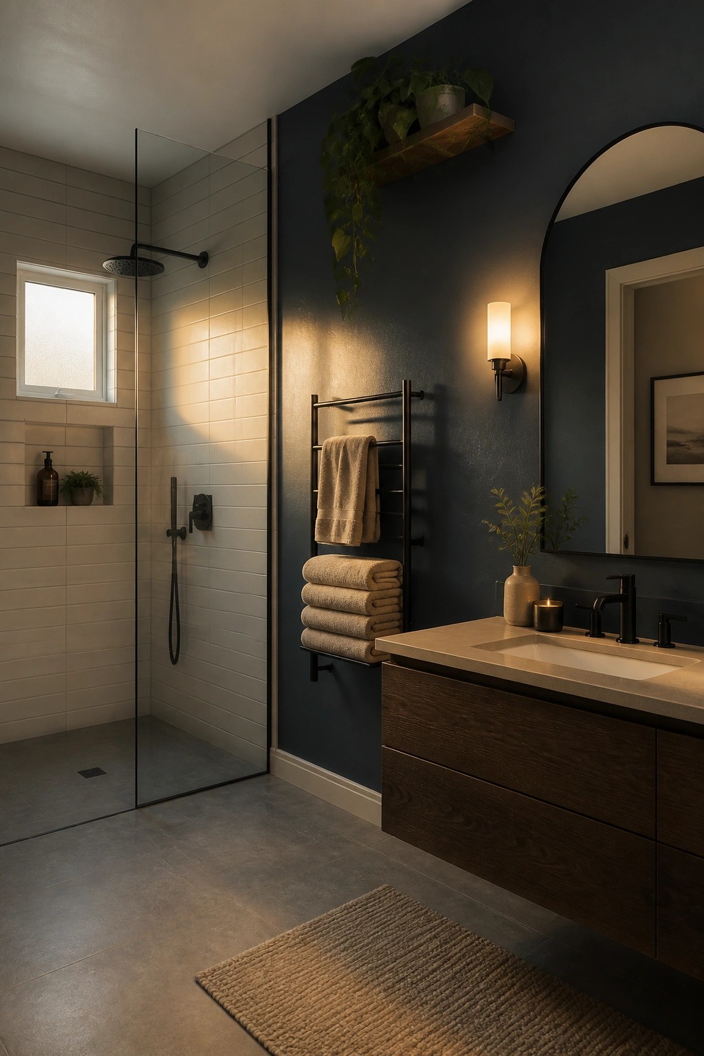 A bathroom with deep navy blue walls and a wood vanity.