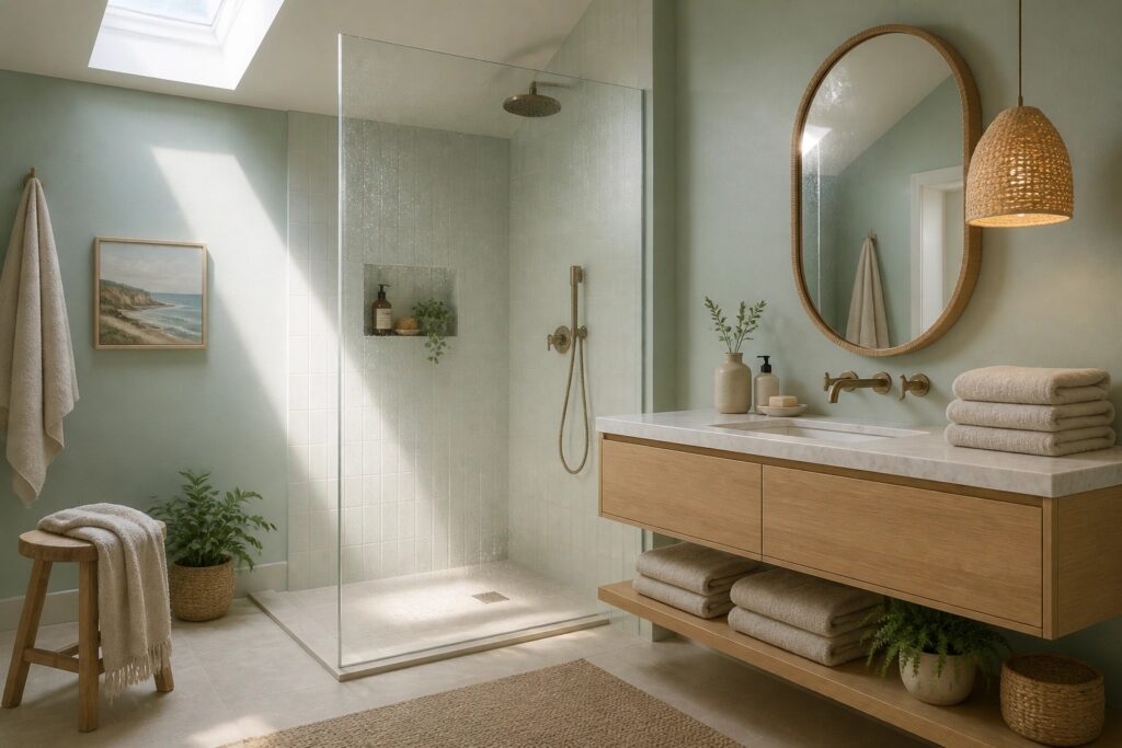19 Calming Bathroom Paint Colors Designed for a Spa-Like Daily Routine Modern bathroom with wooden vanity, round rattan mirror, skylight, and glass shower.