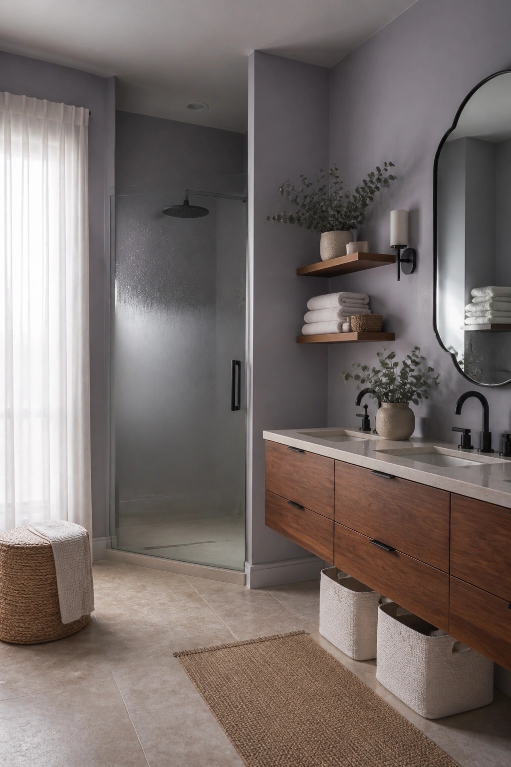 Bathroom walls painted in a soft muted lavender gray.
