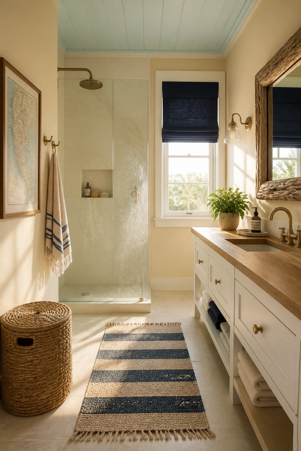 A bathroom with soft beige walls and a wooden vanity.