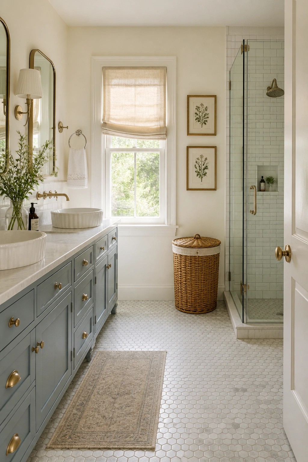 A bathroom vanity painted in a soft blue gray finish.