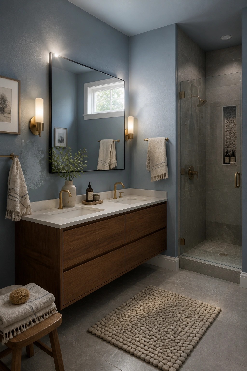 Bathroom with soft blue gray walls and a wood vanity.