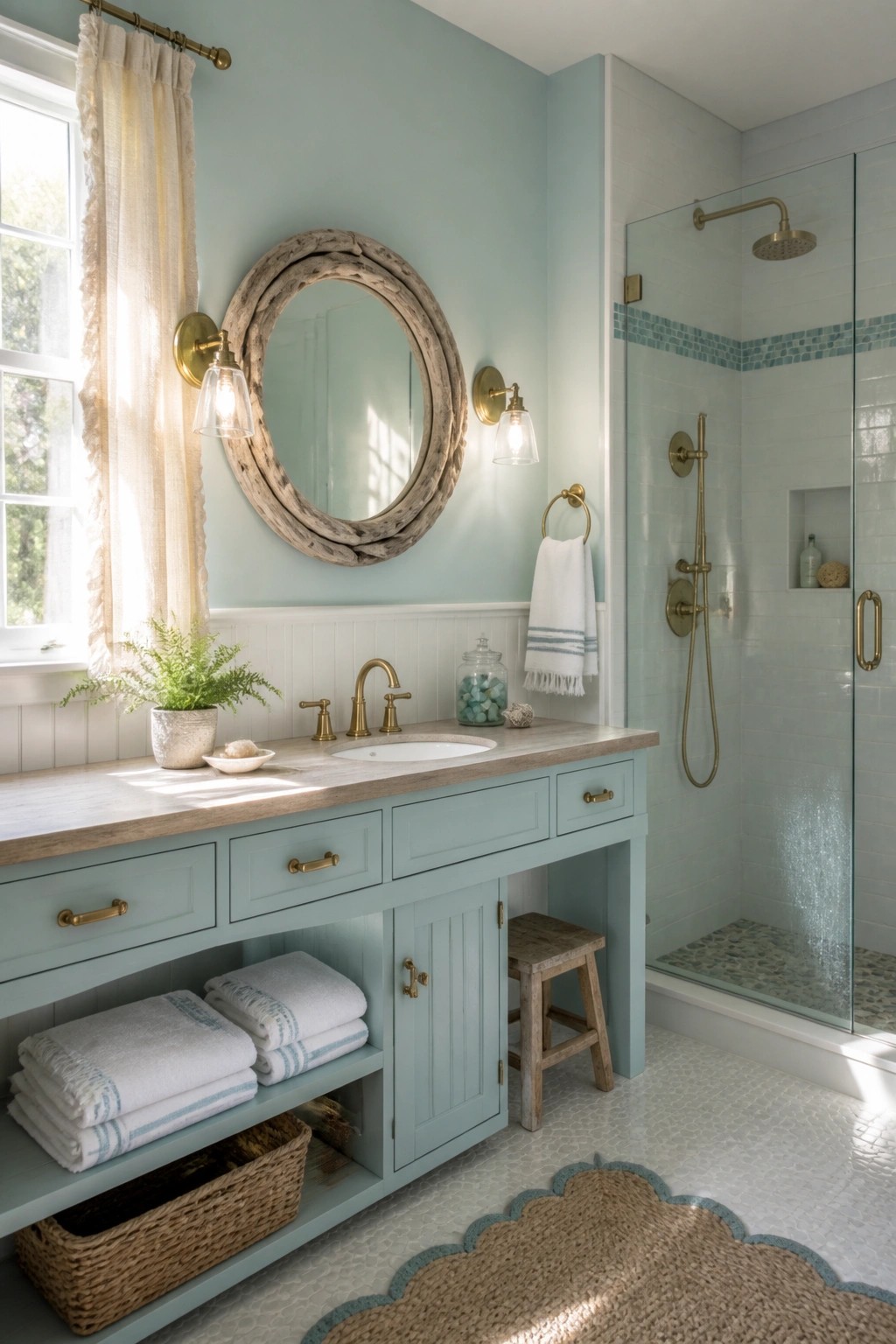 Soft blue green paint on the walls of a bathroom with a wooden vanity and white trim.