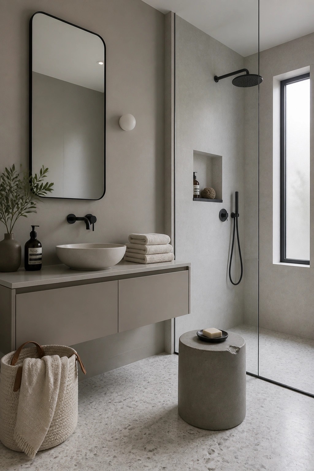 Bathroom walls painted in a soft greige with a floating vanity and concrete stool.