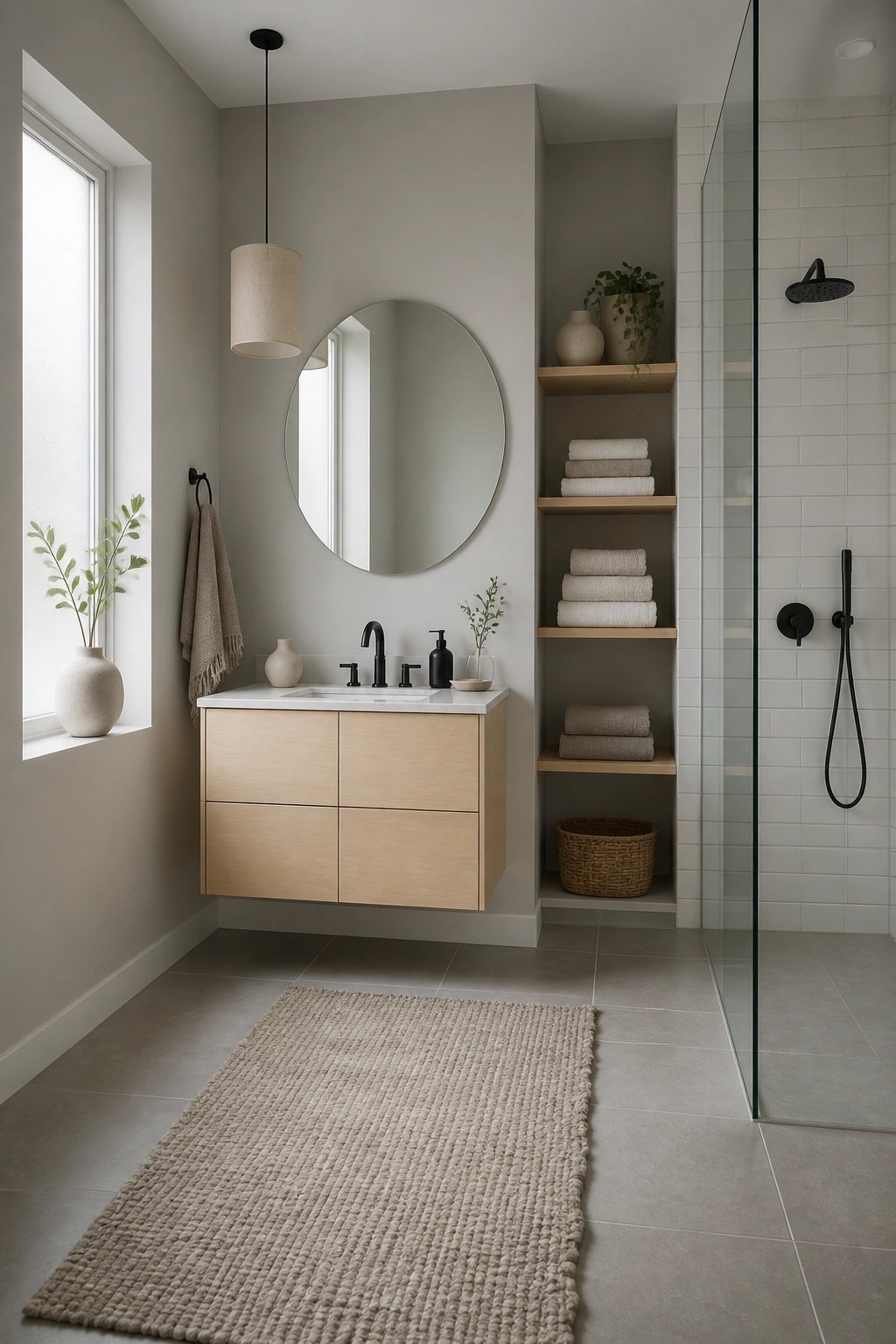 Bathroom walls painted in a soft greige with a floating wood vanity below a round mirror.