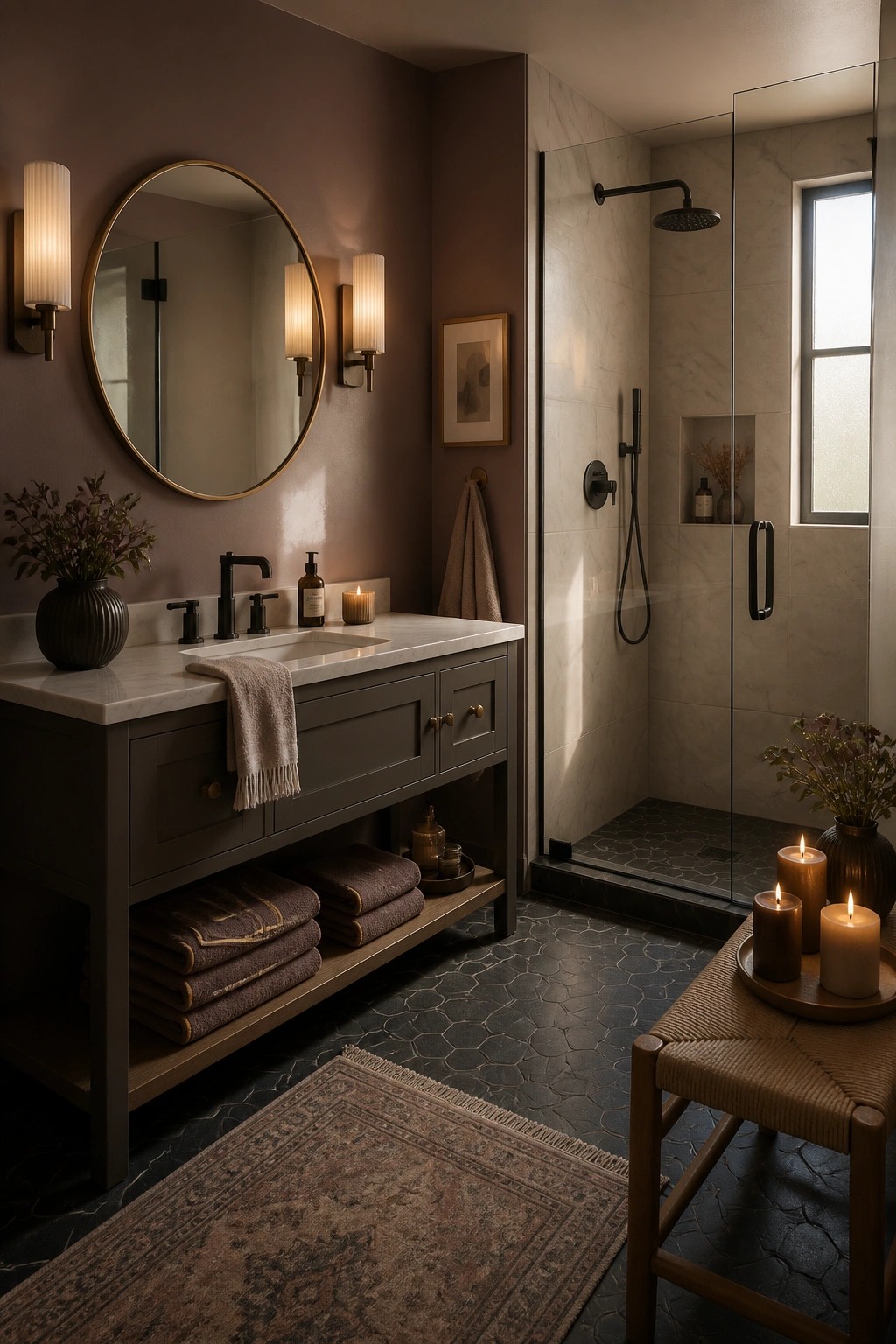 Bathroom walls painted in a soft mauve with a dark vanity and stone floor.