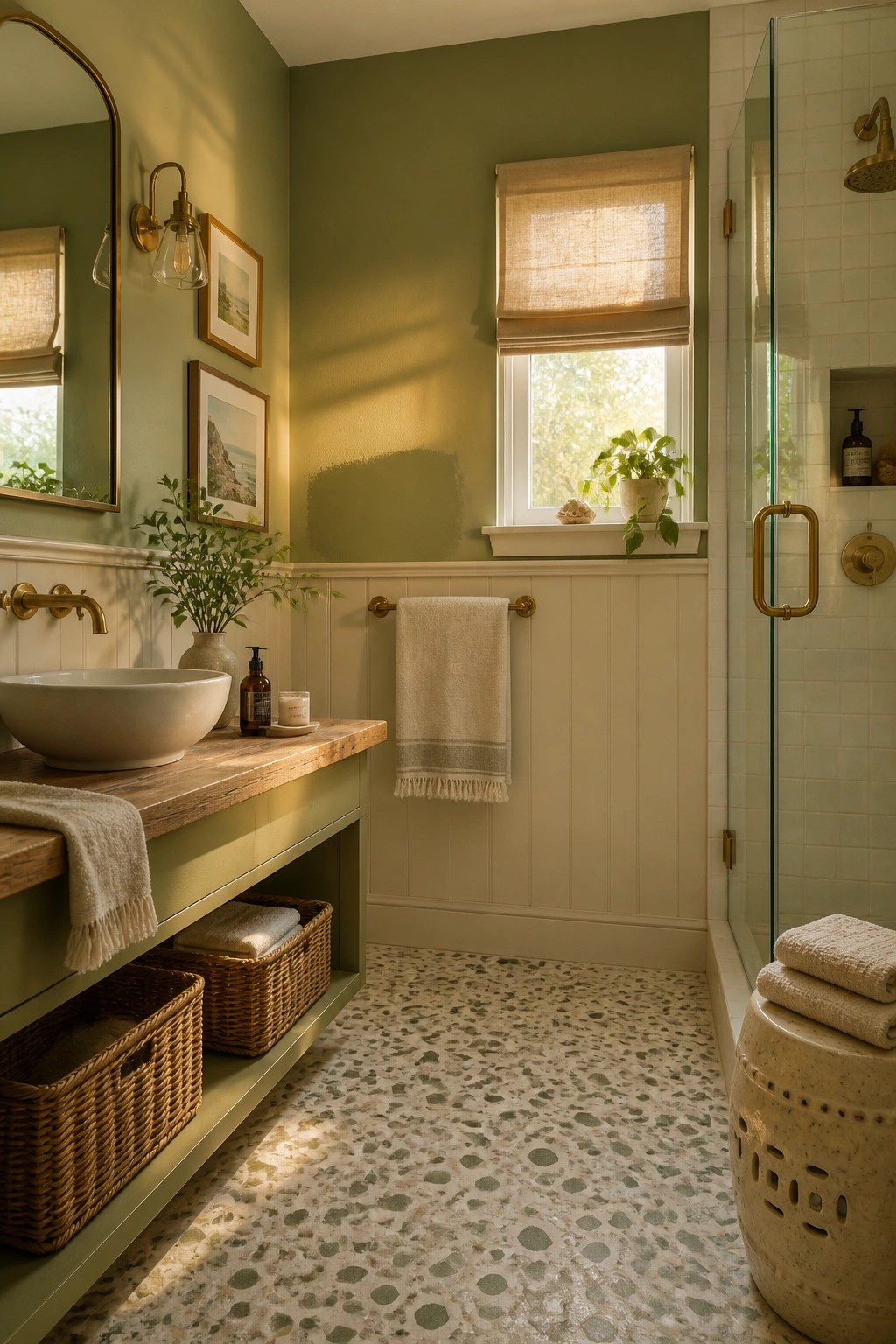 A bathroom with soft sage green walls above white wainscoting and a wooden vanity.