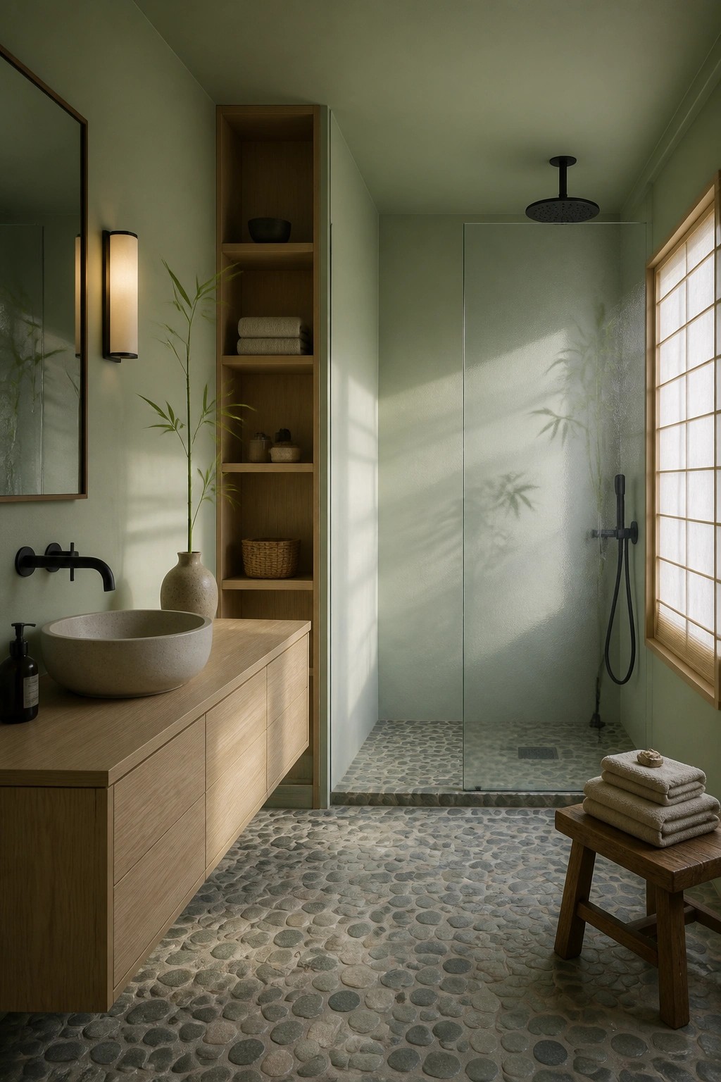 A bathroom with soft sage green walls and a pebble tile shower area.