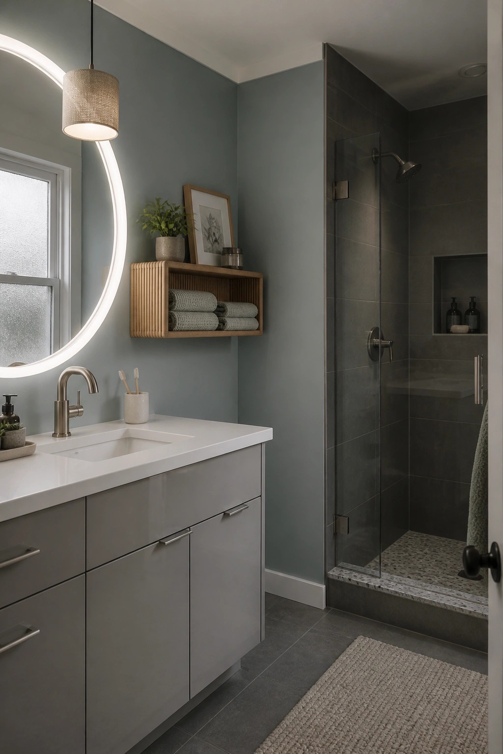 Bathroom walls painted in a soft sage green with a white vanity and gray tiled shower.