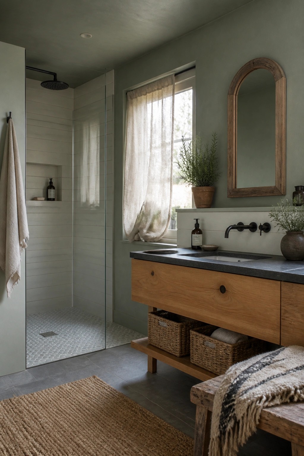 Bathroom walls painted a soft sage green beside a wood vanity.