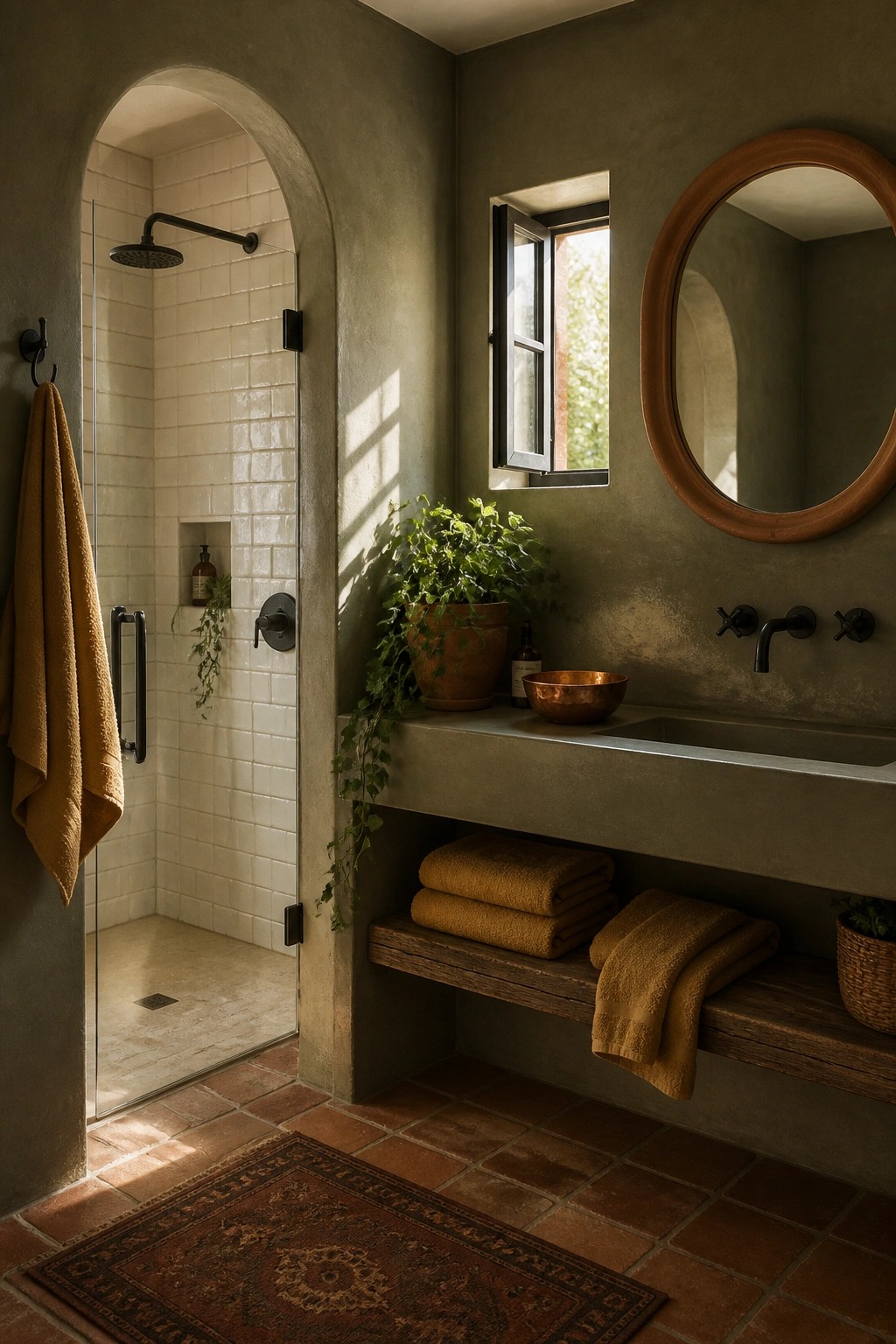 A bathroom with muted sage green walls and a concrete sink area.