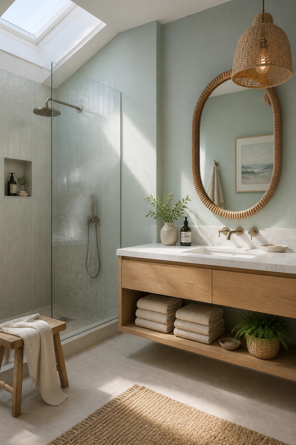 Modern bathroom with wooden vanity, round rattan mirror, skylight, and glass shower.