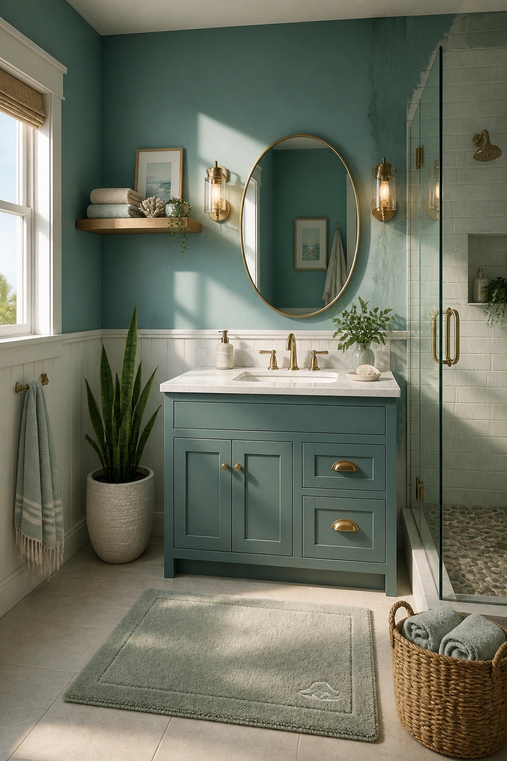 Teal painted walls in a bathroom with a white vanity and gold fixtures.