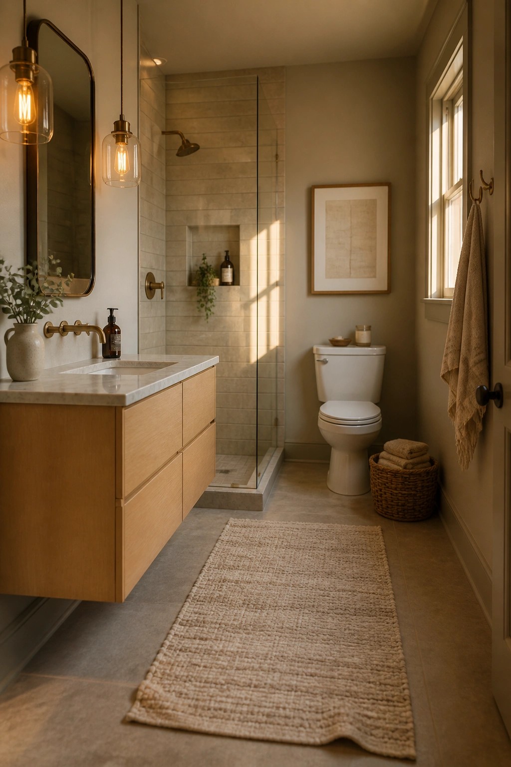 A bathroom with warm greige walls and a floating wood vanity.