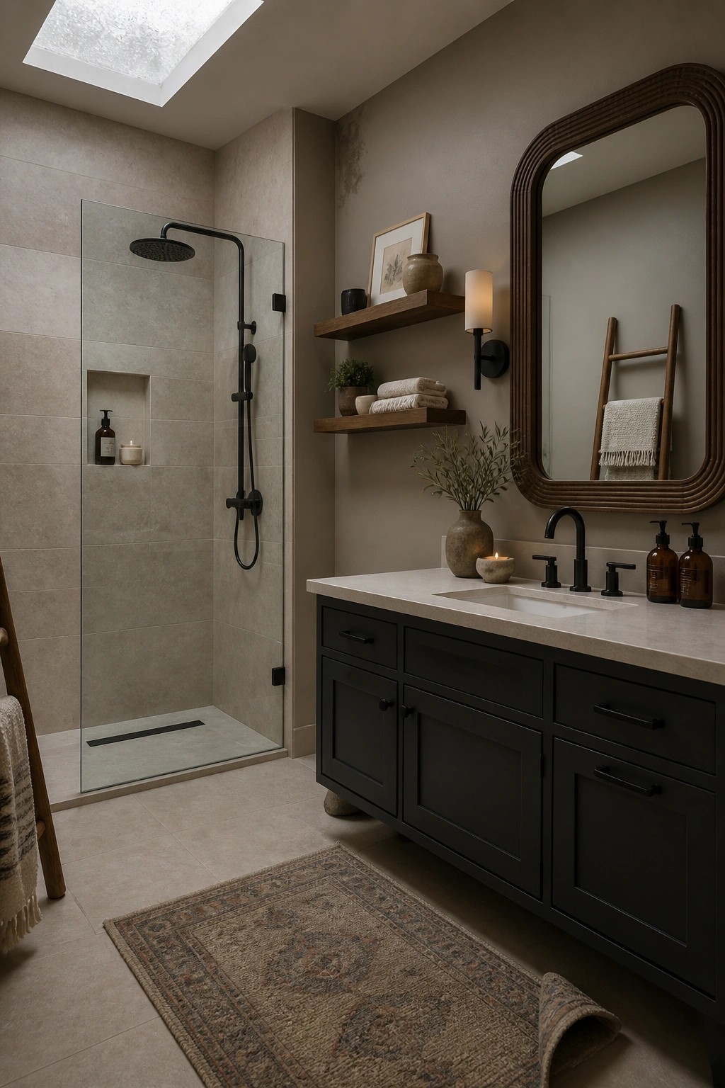 A bathroom with warm greige walls, a dark vanity, and a glass shower enclosure.