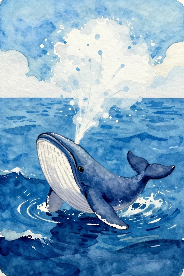 Watercolor whale spouting water in blue ocean waves under cloudy sky