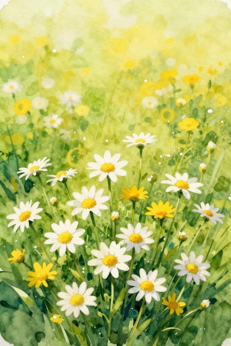 A watercolor-style painting shows a field of white daisies with yellow centers mixed with smaller yellow flowers against a soft green and yellow background.