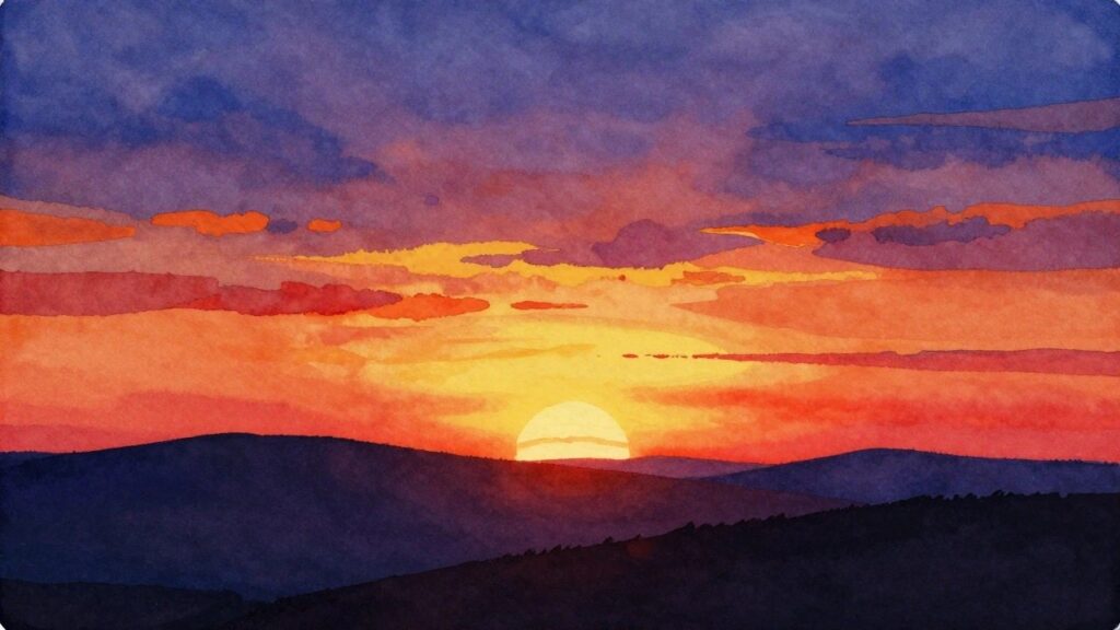 19 Clever Canvas Painting Ideas Without Advanced Drawing Skills A watercolor painting of a bright sun setting over layered hills with an orange and purple sky.