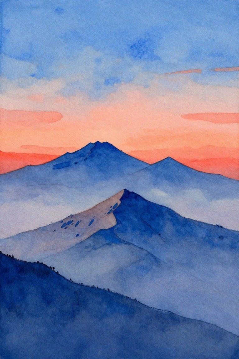 Watercolor mountains in blue tones beneath a pink-orange sunset sky.