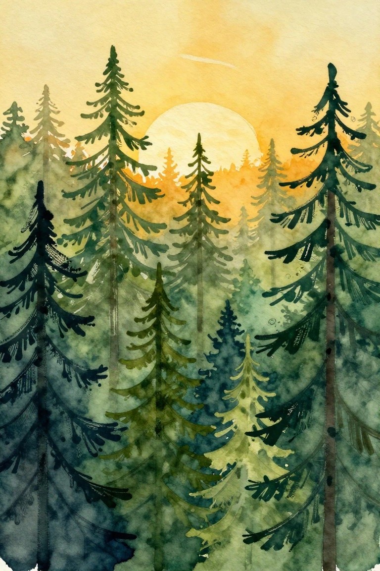 Watercolor forest of tall pines with glowing sun in yellow-orange sky