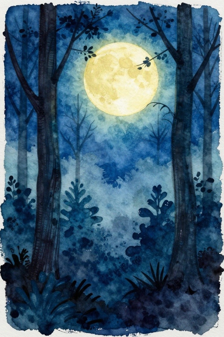 Watercolor night forest with glowing yellow full moon between dark silhouetted trees.