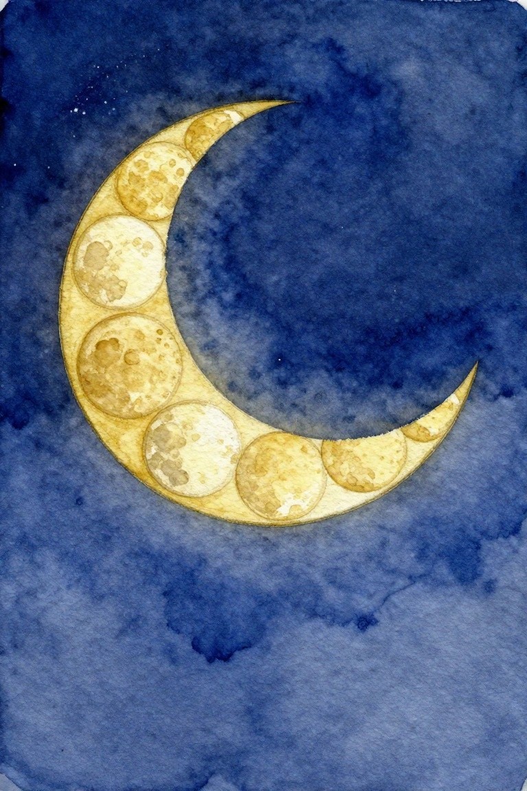 Watercolor crescent moon with phases on dark blue starry night sky.