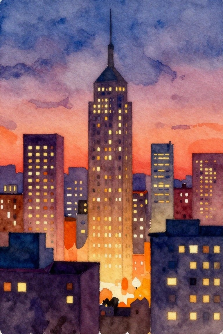 Watercolor skyline of glowing skyscrapers beneath a vibrant pink-orange sunset sky