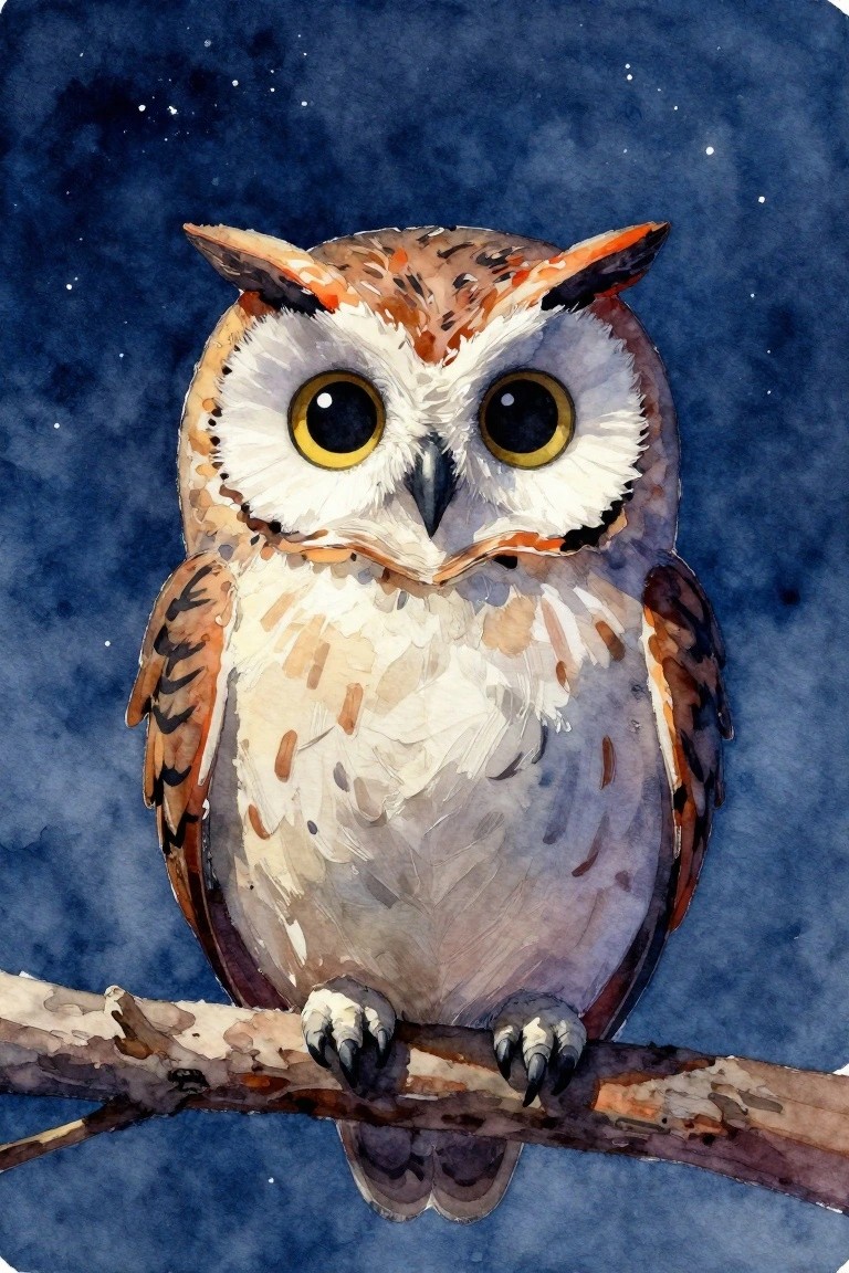 A watercolor painting of a front-facing owl with large yellow eyes perched on a branch against a dark blue starry background.