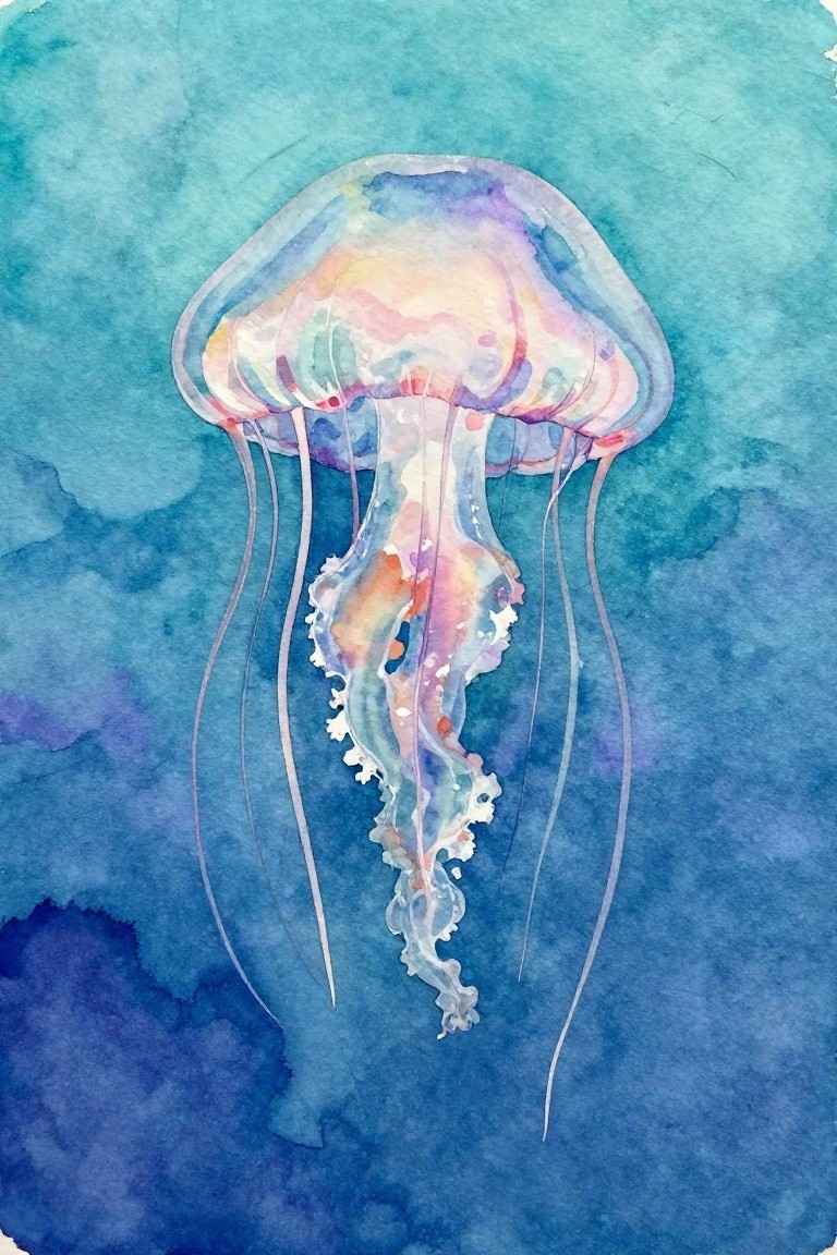 A watercolor painting of a jellyfish with a rounded bell in blended pastel colors and long thin tentacles against a textured blue background.