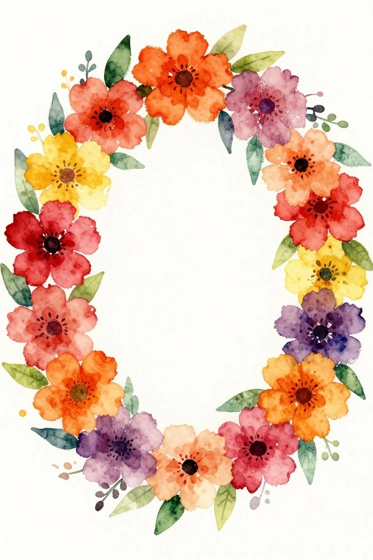 Watercolor floral wreath with vibrant orange, red, yellow, and purple blooms and leaves