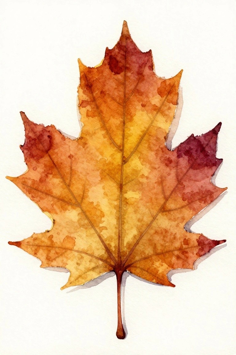 A watercolor painting of a single maple leaf showing blended yellow, orange, and red tones with visible veins on a white background.
