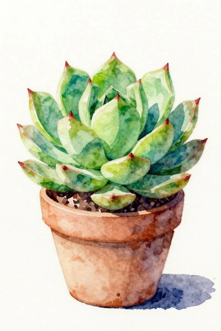 Watercolor of green succulent with red tips in a brown terracotta pot with shadow