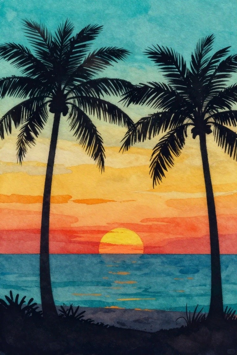 A painting of an ocean sunset with two silhouetted palm trees in the foreground and layered bands of turquoise, yellow, orange, and red in the sky.