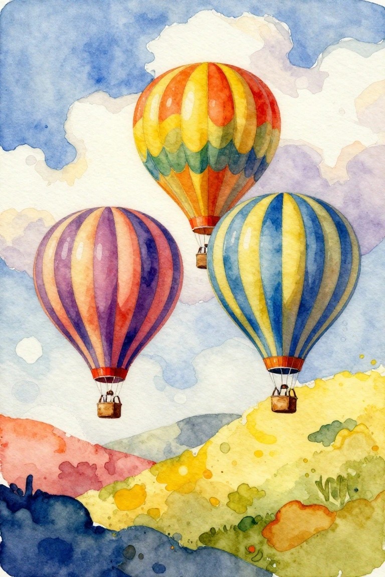 Three colorful striped hot air balloons float above vibrant hills and clouds.