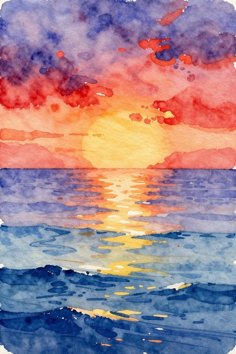 Watercolor sunset with vibrant red-orange clouds over reflective blue ocean waves
