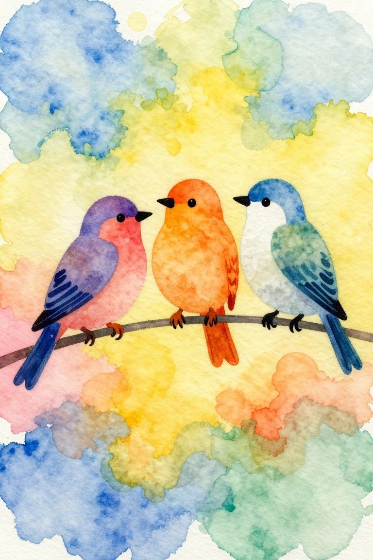 Three colorful birds in purple, orange, and blue-green sit on a thin branch against a soft watercolor background of blended yellow, blue, and green washes.