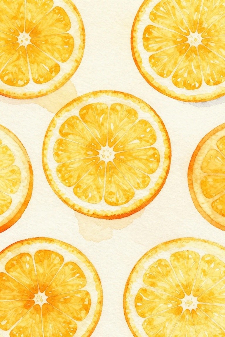 Watercolor orange slices scattered on a textured white background