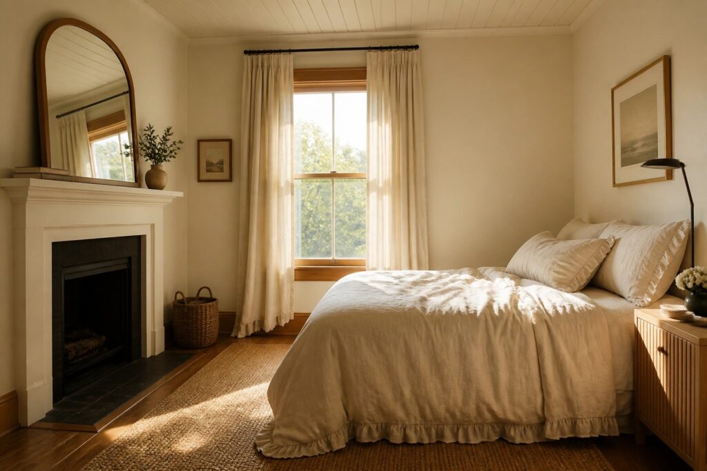 19 Cozy Warm Neutral Paint Colors Designed for Soft, Welcoming Rooms Sunlit bedroom with white ruffled linen bed, wooden nightstand, fireplace, and arched mirror