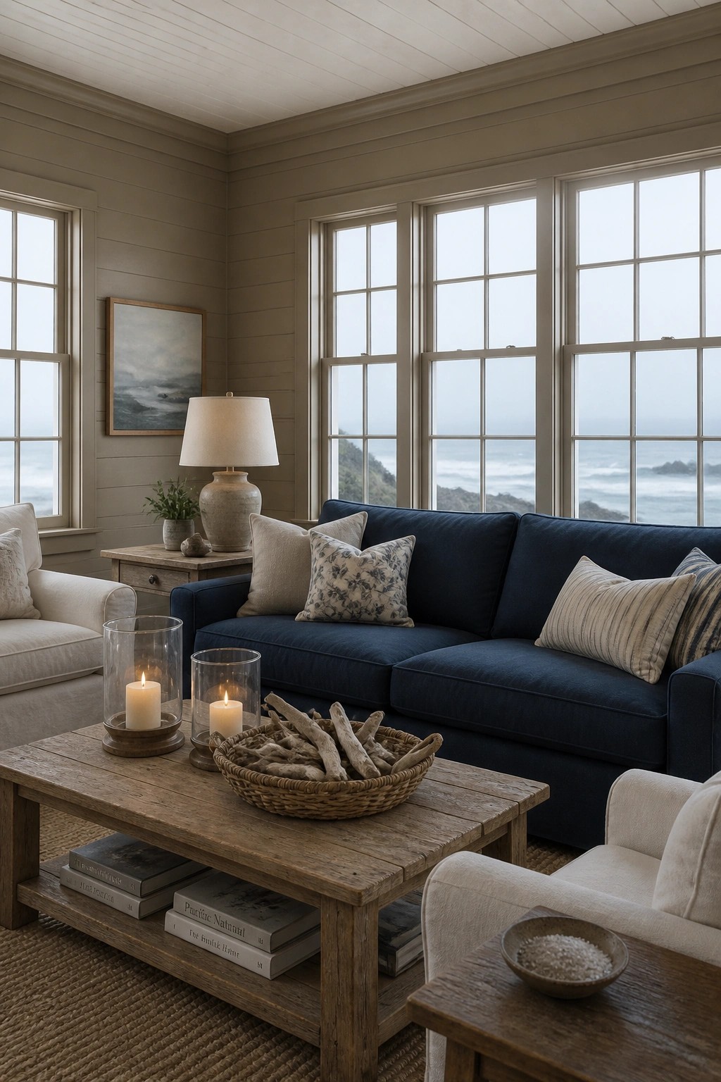 Living room walls painted in a soft warm greige with large windows facing the ocean.