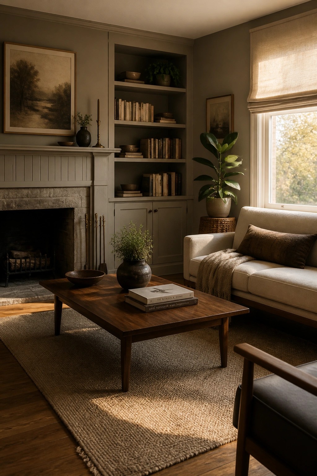 Living room walls painted in a soft greige with built-in bookshelves.