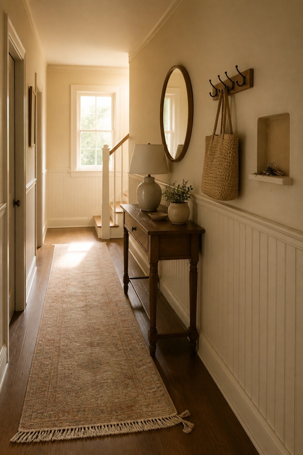 A hallway painted in a soft warm beige with white wainscoting and wood flooring.