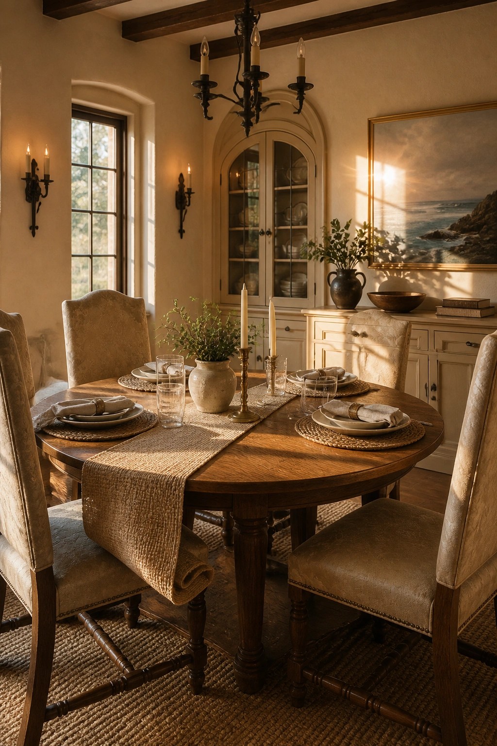 Dining room with soft warm beige walls and a wooden table.