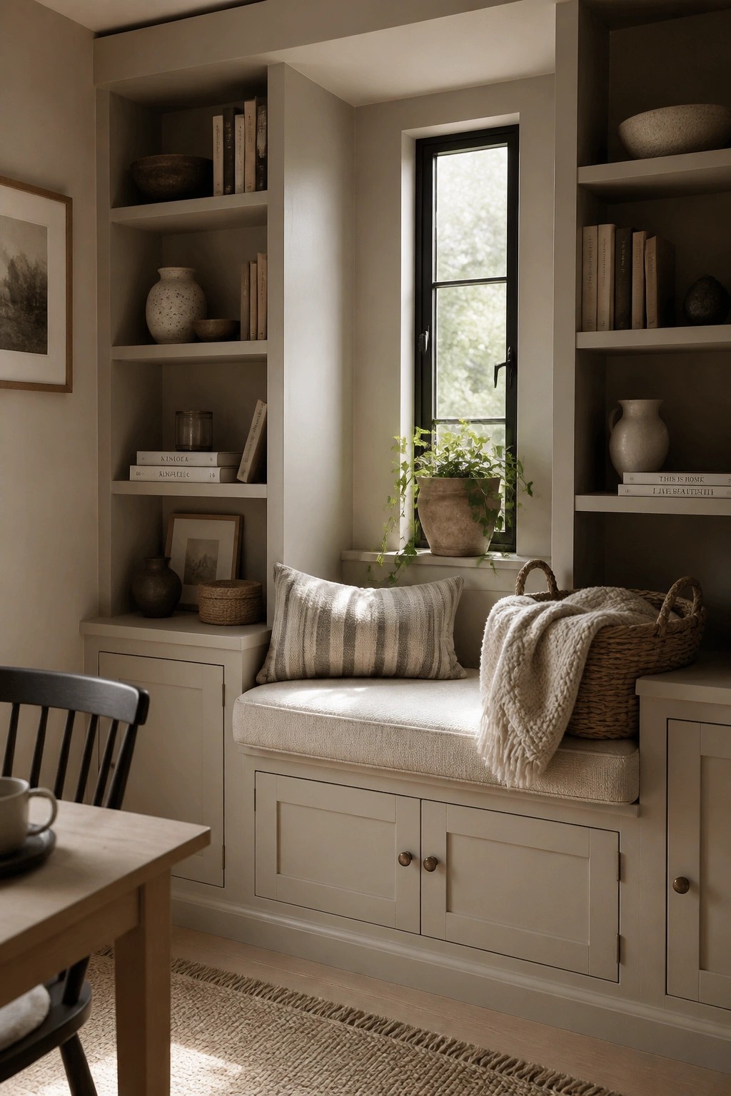 Built-in cabinetry and window seat painted in a soft warm greige.