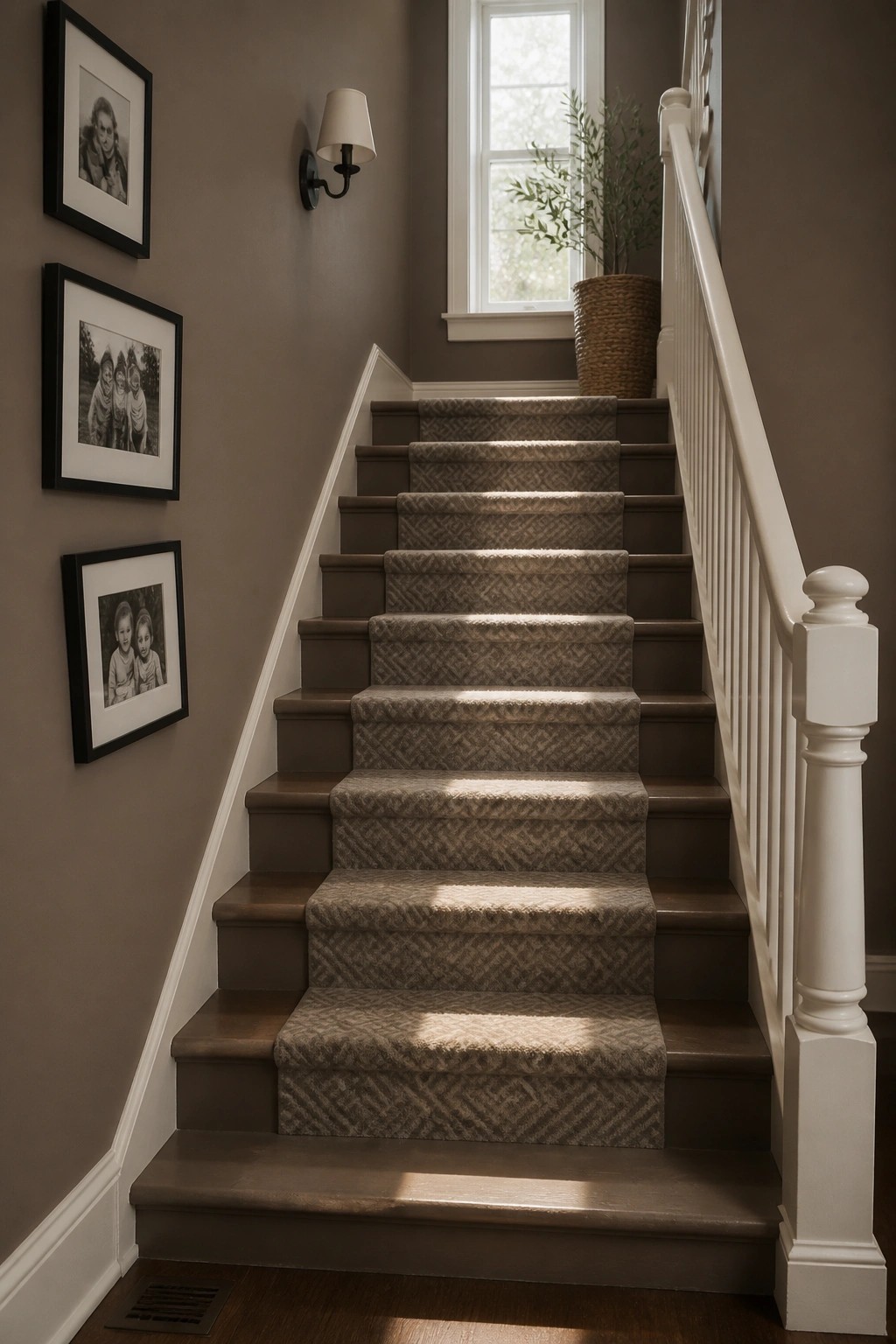 Patterned carpeted staircase with white railing, framed photos on taupe wall, sunlight beams.