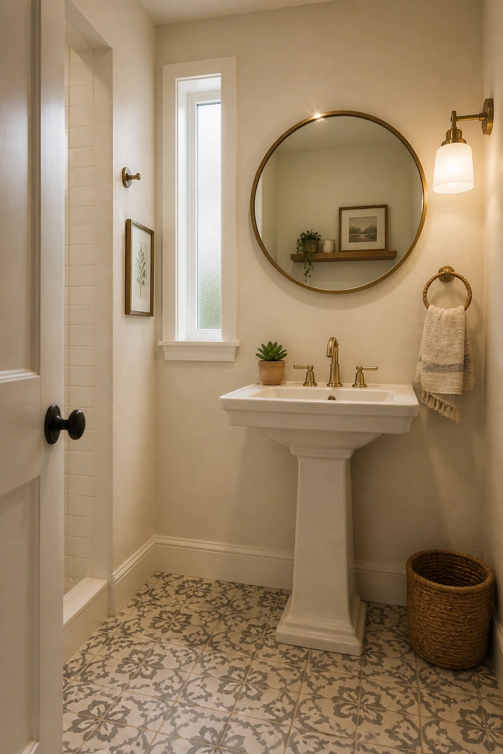 A small bathroom with soft warm neutral walls and a white pedestal sink.