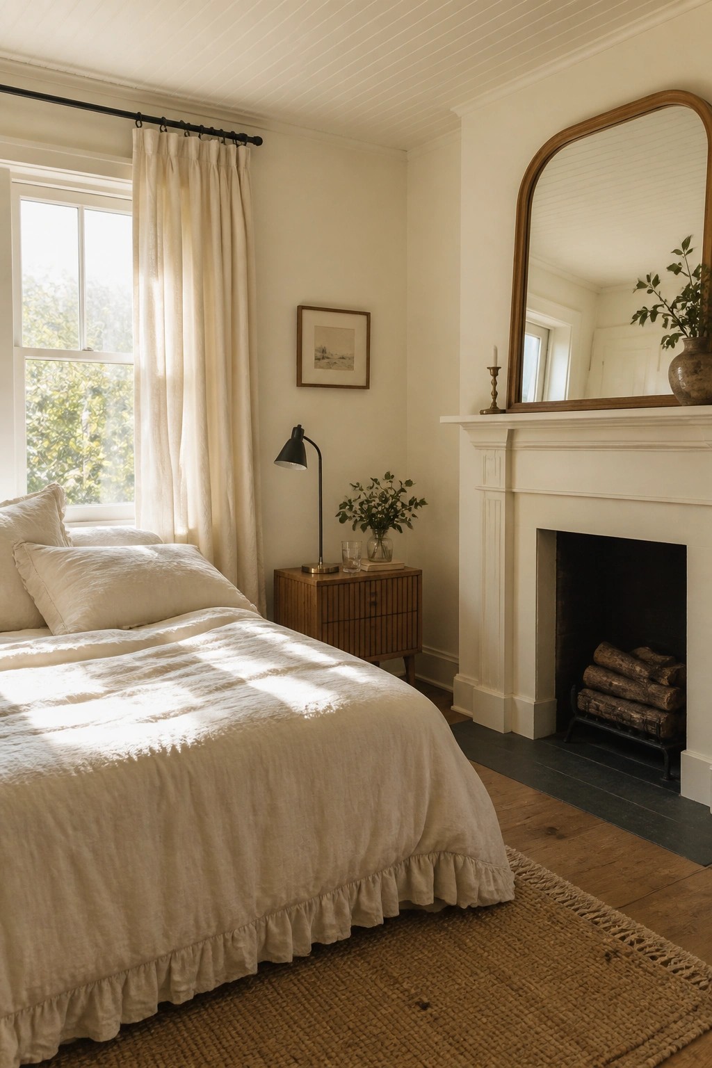 Sunlit bedroom with white ruffled linen bed, wooden nightstand, fireplace, and arched mirror