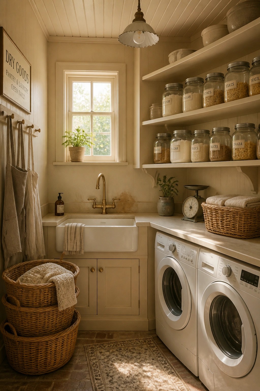 A laundry room painted in a soft warm beige with white cabinetry and open shelving.