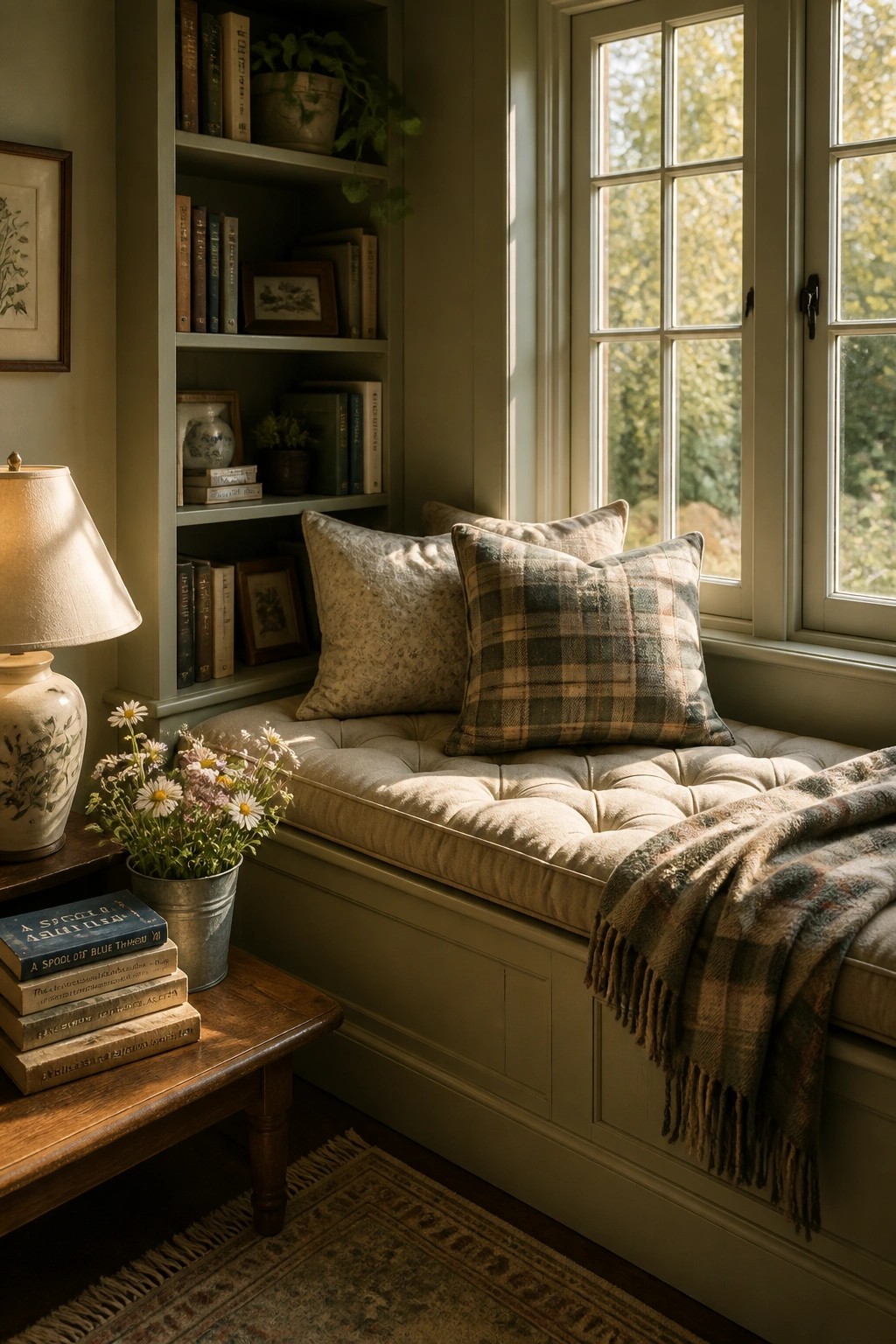 Built-in shelves and walls painted in a soft warm greige around a window seat.