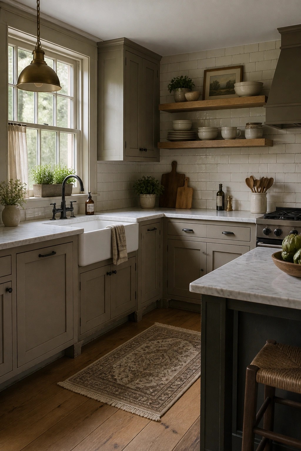 Kitchen cabinets painted in a soft warm greige with marble counters and wood floors.