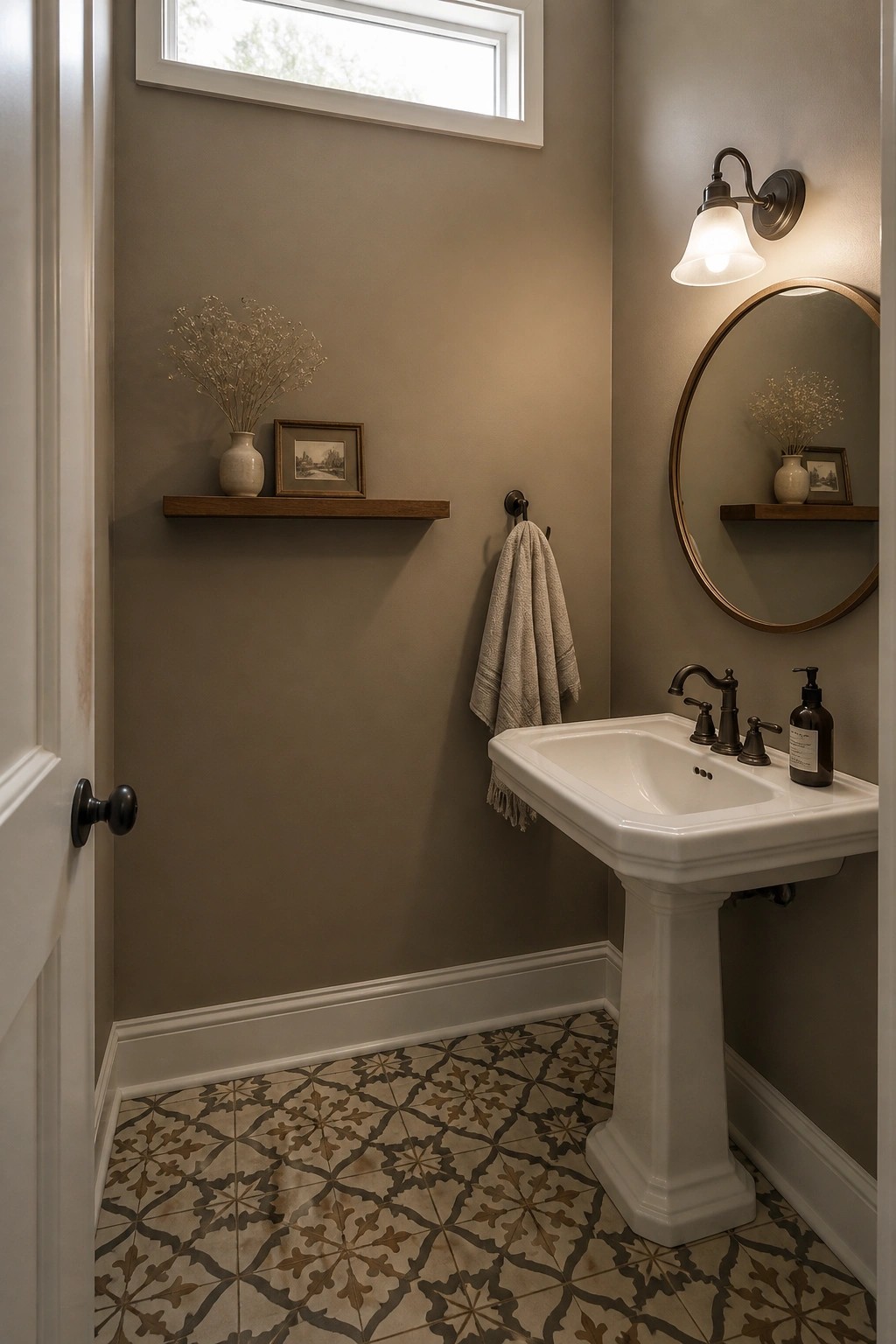 Neutral-toned bathroom with white pedestal sink, round mirror, and patterned tile floor
